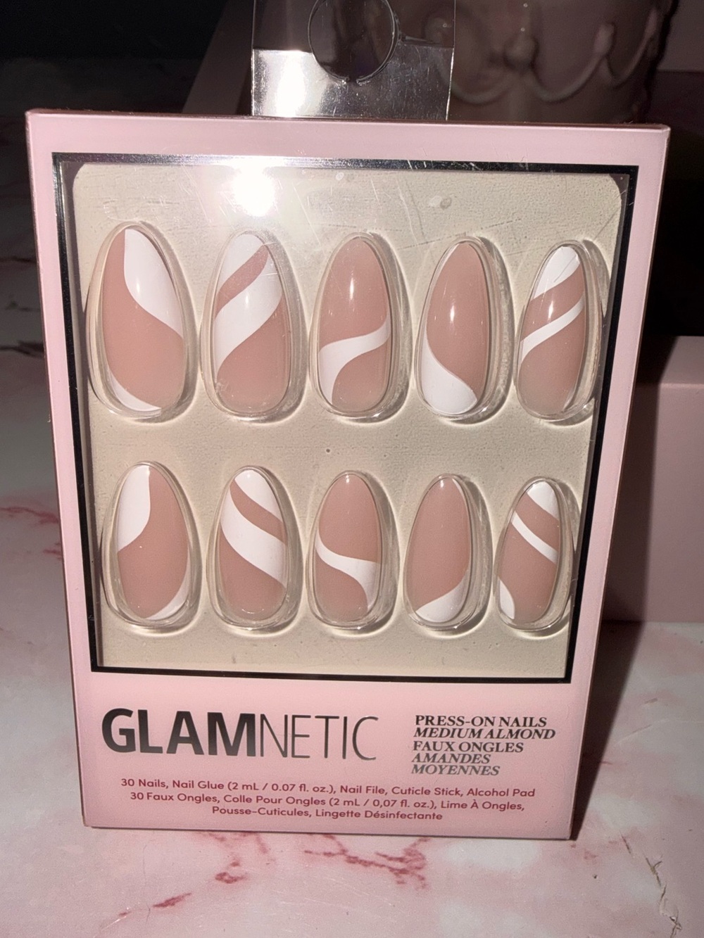 GLAMNETIC Nude & White Swirl Press-On Almond Nails in medium almond
